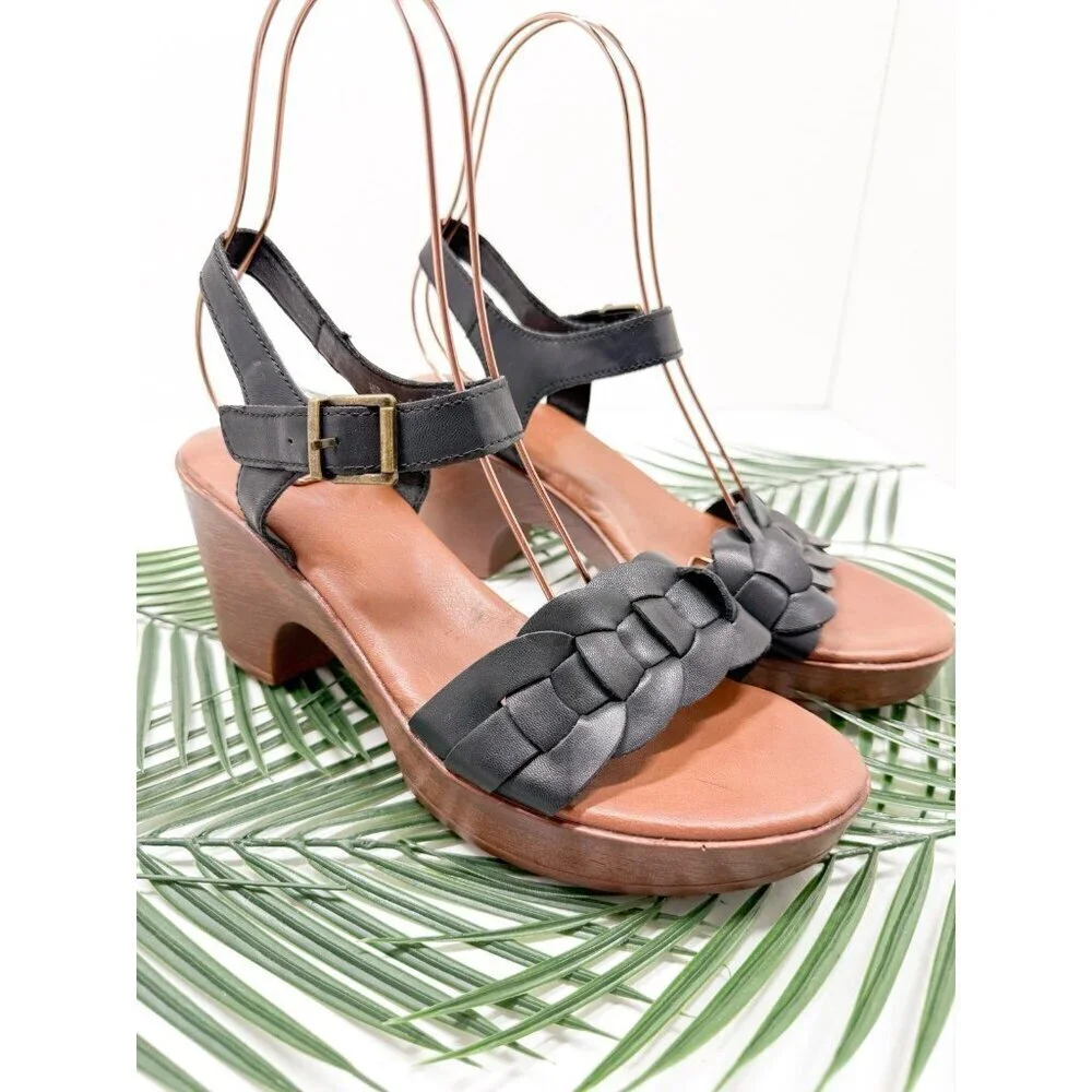 B.O.C Sandals Women's Black Gigi Faux Leather Braided Strappy Block Heel Sz 10M
